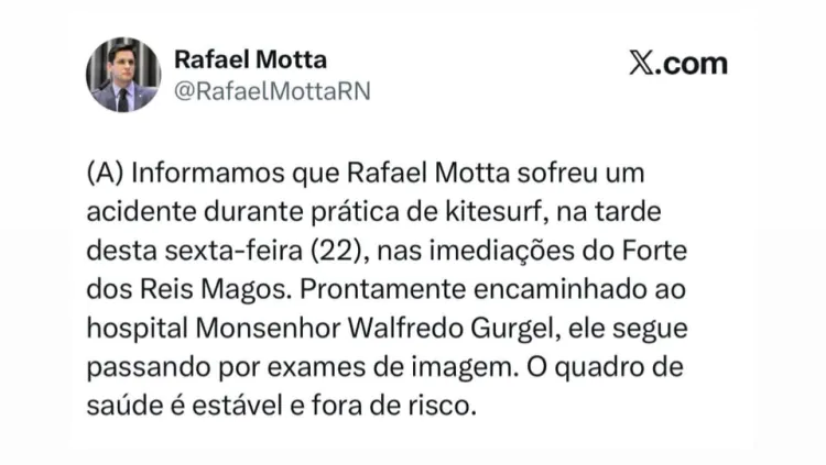 Ex-deputado Rafael Motta sofre acidente de kitesurf em Natal